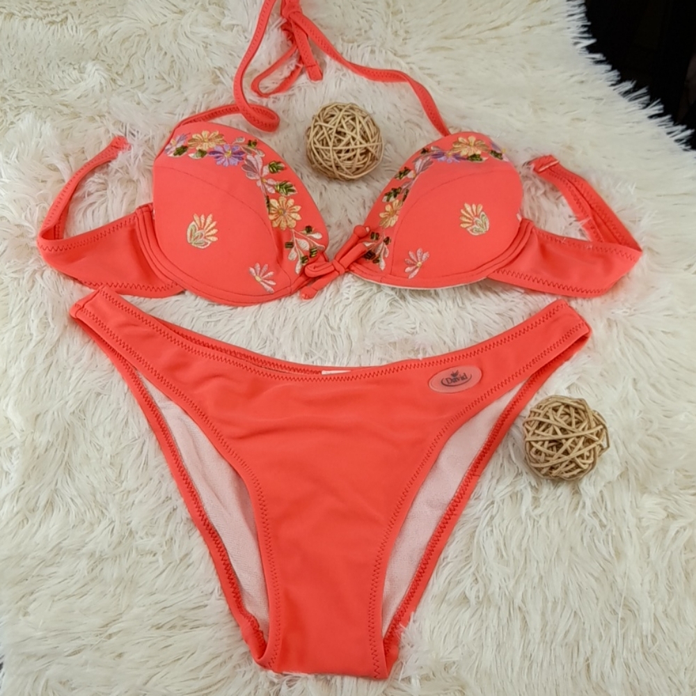 - 2 PC Embroidered Salmon Pink Bikini Size Medium